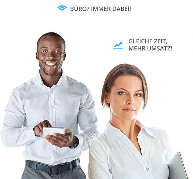 Geschäftsführer und Geschäftsführerin mit Software